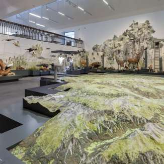In der Mitte des Raumes befindet sich ein riesiges Landschaftsrelief. Im Hintergrund sind Ausstellungsobjekte zu erahnen.